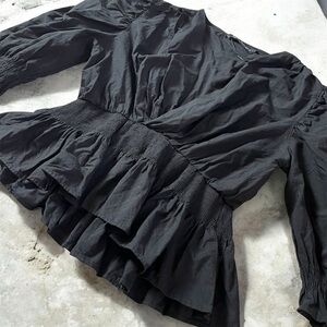 ZARA V Neck Balloon Sleeve Peplum Black Cotton To Large